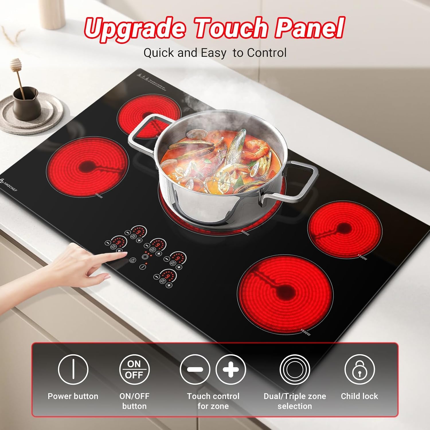 AMZCHEF Electric Cooktop 36 Inch,5 Burners Built-in Electric Stove Top,Max 9000W Ceramic Glass Countertop with Touch Control,9 Heating Level,Max 3000W Triple Zone,Safety Lock