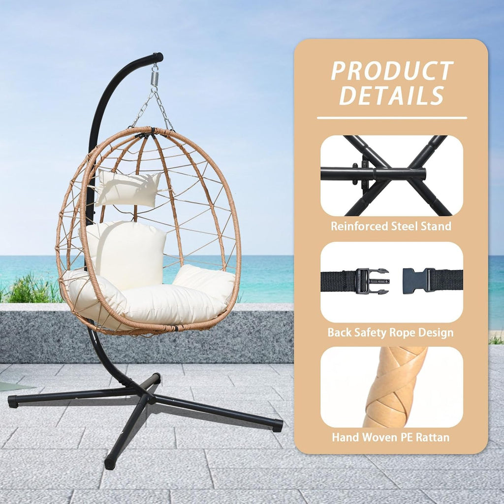 Hanging Egg Chair with Stand Indoor Swinging Chair Outdoor Hammock Egg Chair for Patio, Bedroom, Garden and Balcony (Milky White, Small)