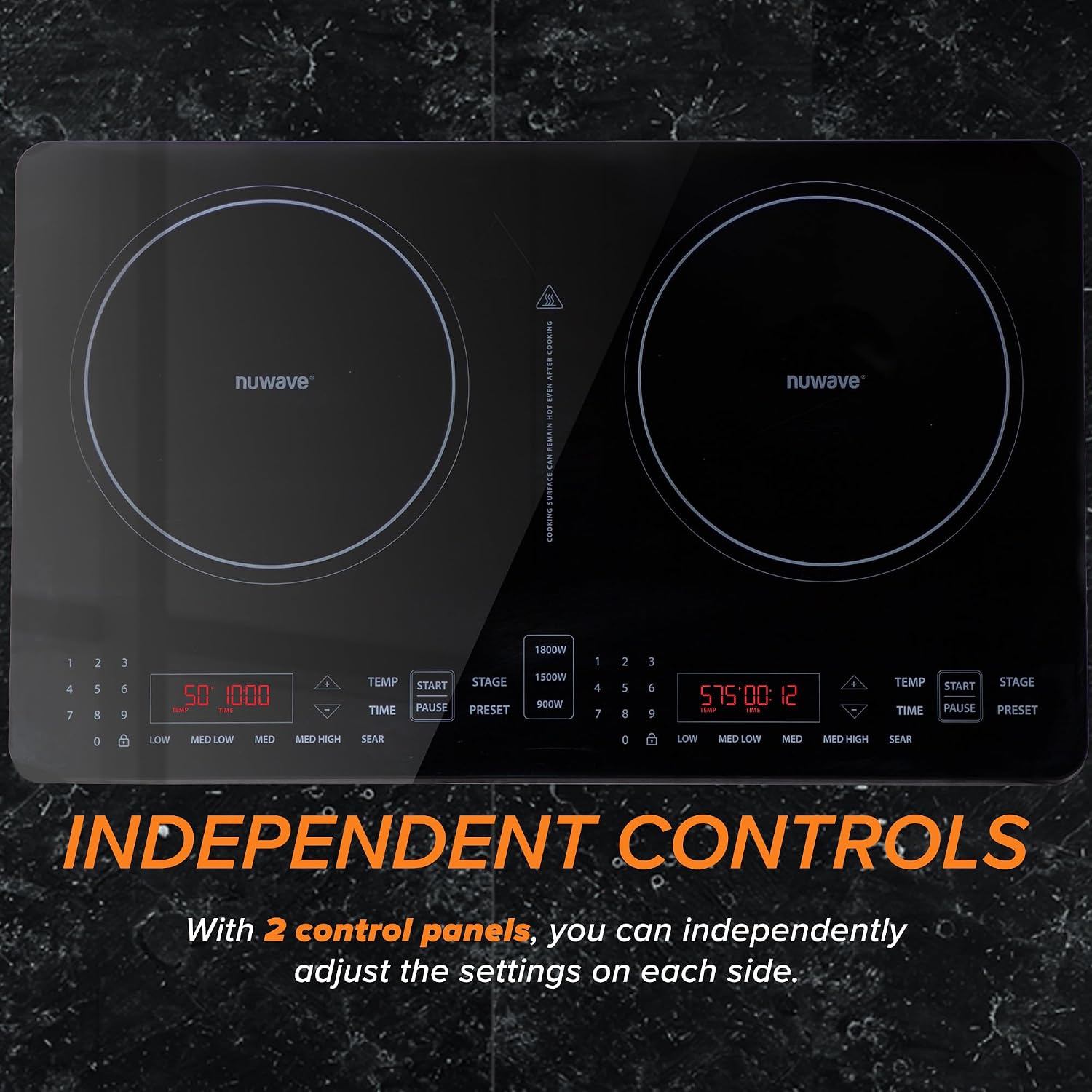 Nuwave Double Pro Cooktop Induction Countertop Burner, Portable, 900/1500/1800W with Dynamic Watt Technology, 50°F to 575°F, 8' Heating Coil, Shatter-Proof Ceramic Glass, Seamless IMD Touch Panel