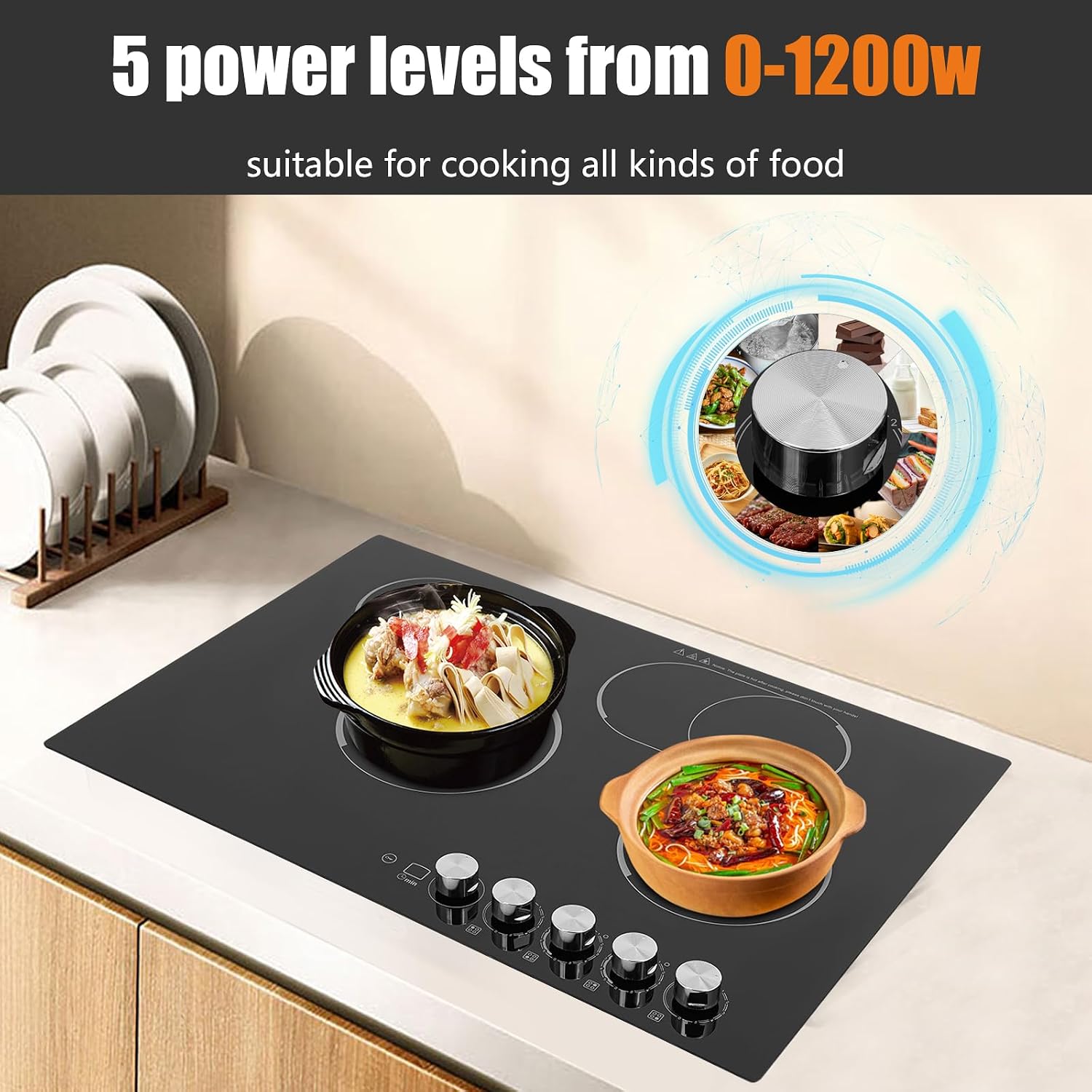 4-Burner Cooktop 110V Electric Stove Top with Independent Knob Child Lock 4 Power Levels Ceramic Cooktop for Kitchens, No Plug (30Inch)