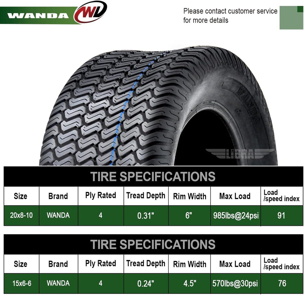 WANDA Set 4 Lawn Mower Turf Tires 15x6-6 Front & 20x8-10 Rear /4PR -13016/13039
