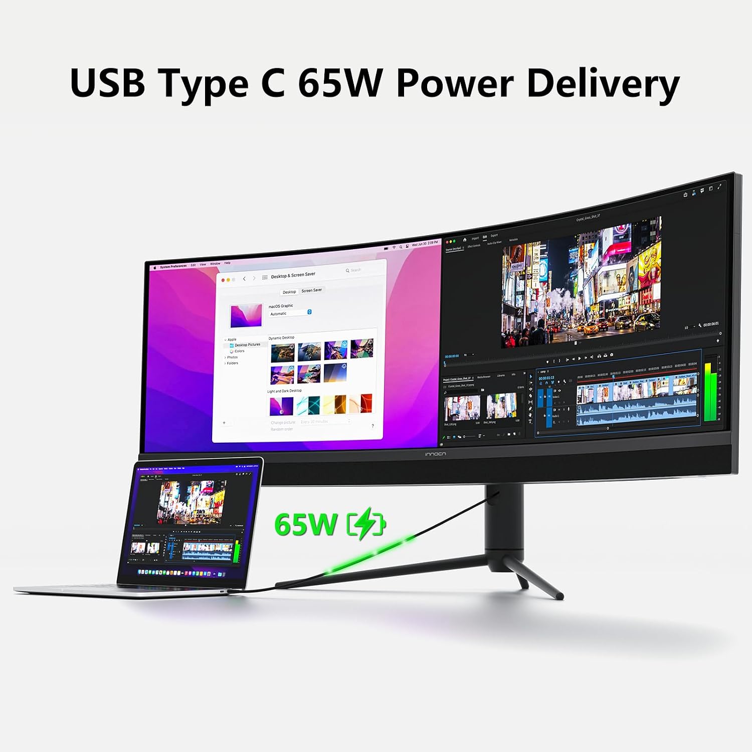 INNOCN 45C1R 45' 5K2K 5120 x 1440p Ultrawide Curved Gaming Monitor, R1500, HDR400, USB Type-C 90W Power Delivery, PIP/PBP, Built-in Speaker, Height Adjustable, Black