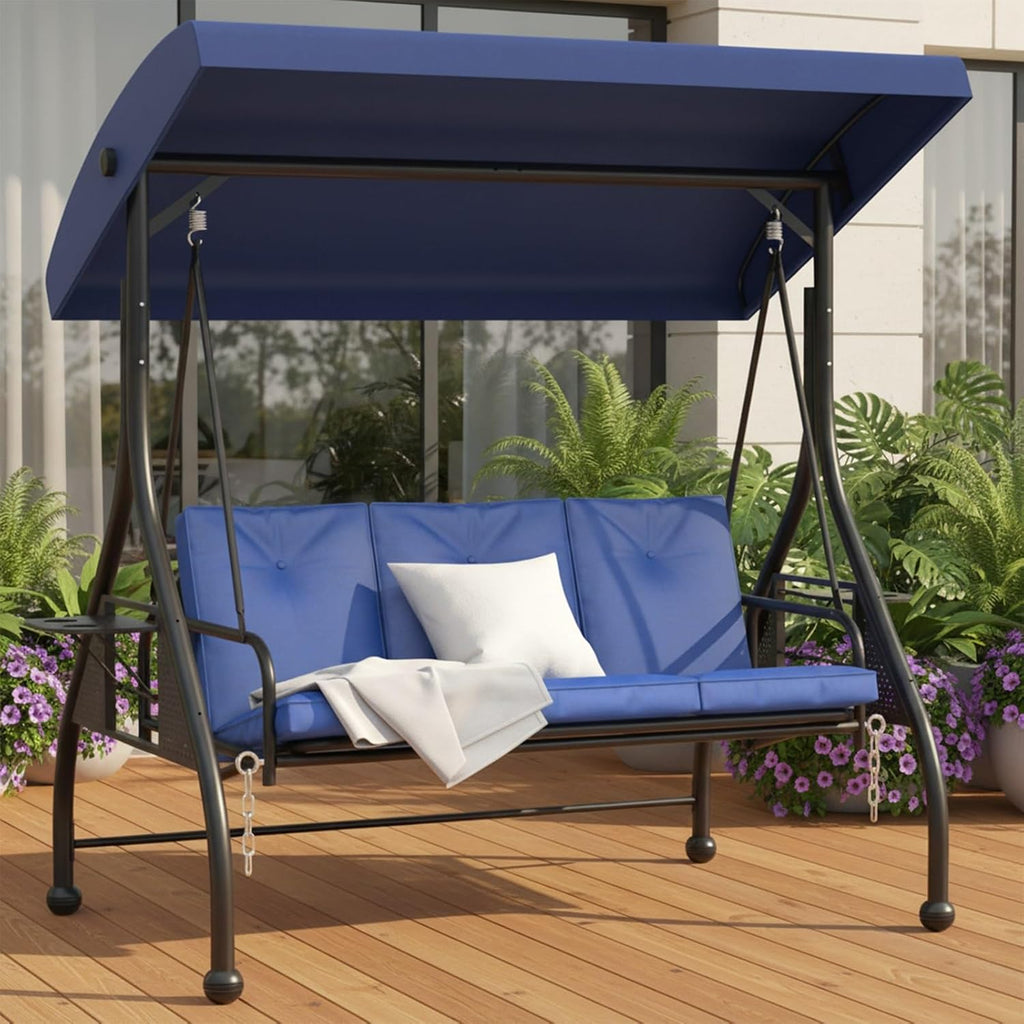 3 Seat Outdoor Porch Swing Chair with Adjustable Canopy, Patio Glider Swing Bed with Removable Cushion & Foldable Side Tray for Garden Backyard Deck Blue