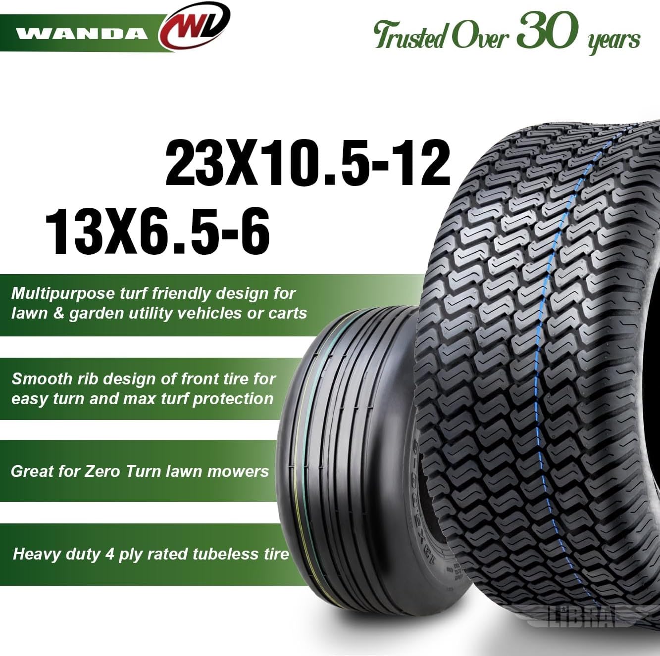 WANDA Set 4 Zero-Turn Lawn Mower Turf Tires 13x6.5-6 Front & 23x10.5-12 Rear /4PR -13081/13049