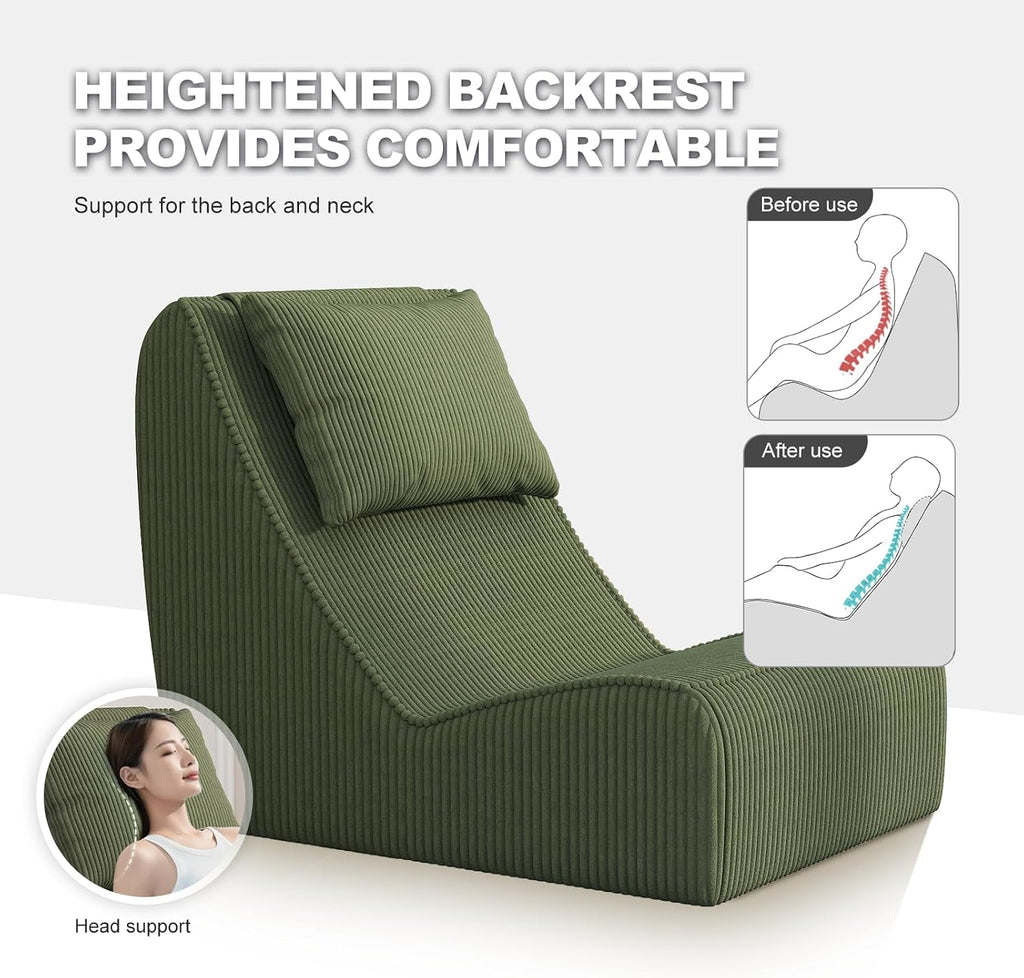 Giant Bean Bag Chair for Adults,Corduroy Chaise Lounge with Unrivaled Back Support, Detachable Neck Pillow, Comfortable Ottoman & Washable Cover for Living Room, Bedroom, Garden (Olive Green)