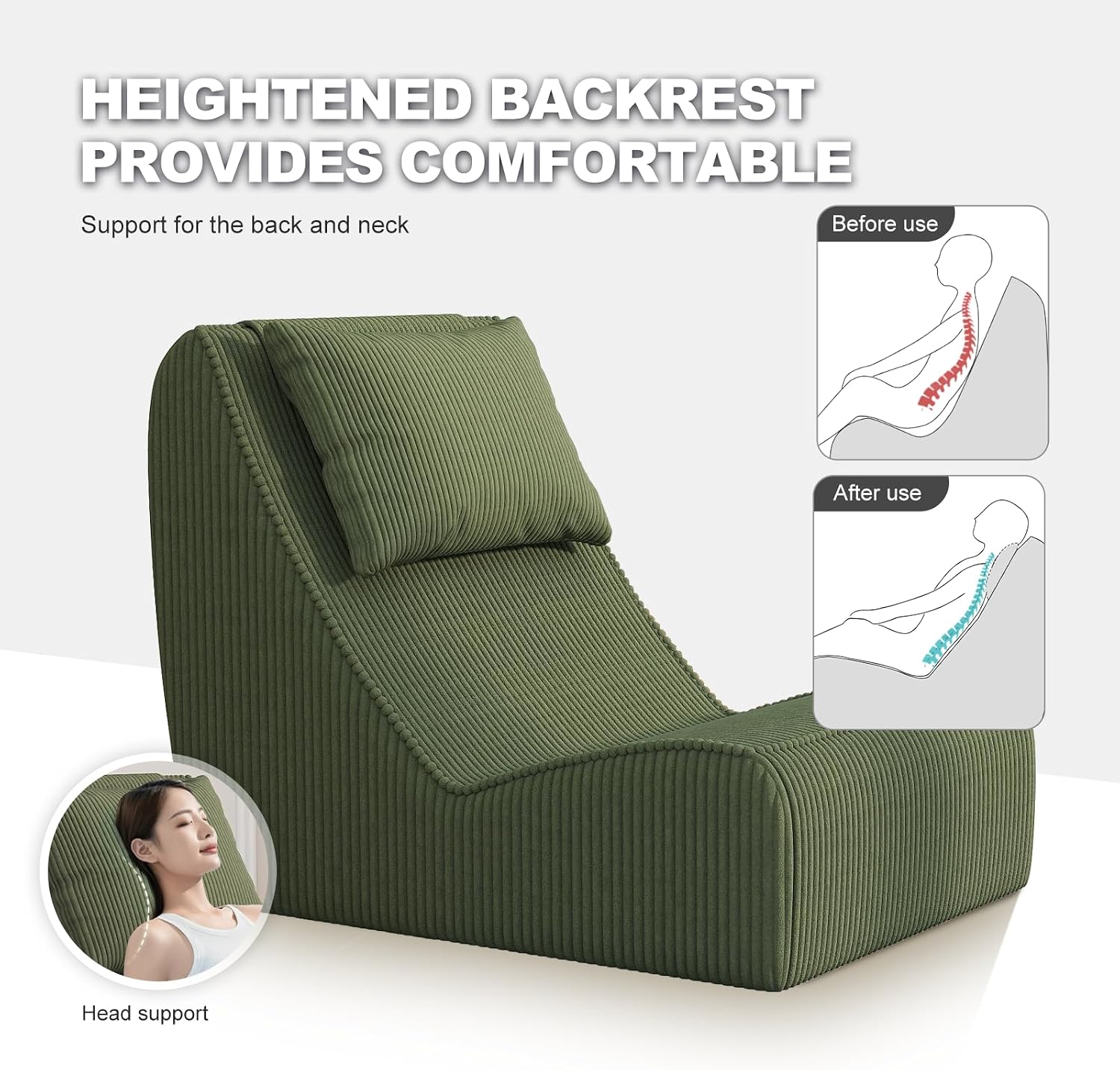 Giant Bean Bag Chair for Adults,Corduroy Chaise Lounge with Unrivaled Back Support, Detachable Neck Pillow, Comfortable Ottoman & Washable Cover for Living Room, Bedroom, Garden (Olive Green)