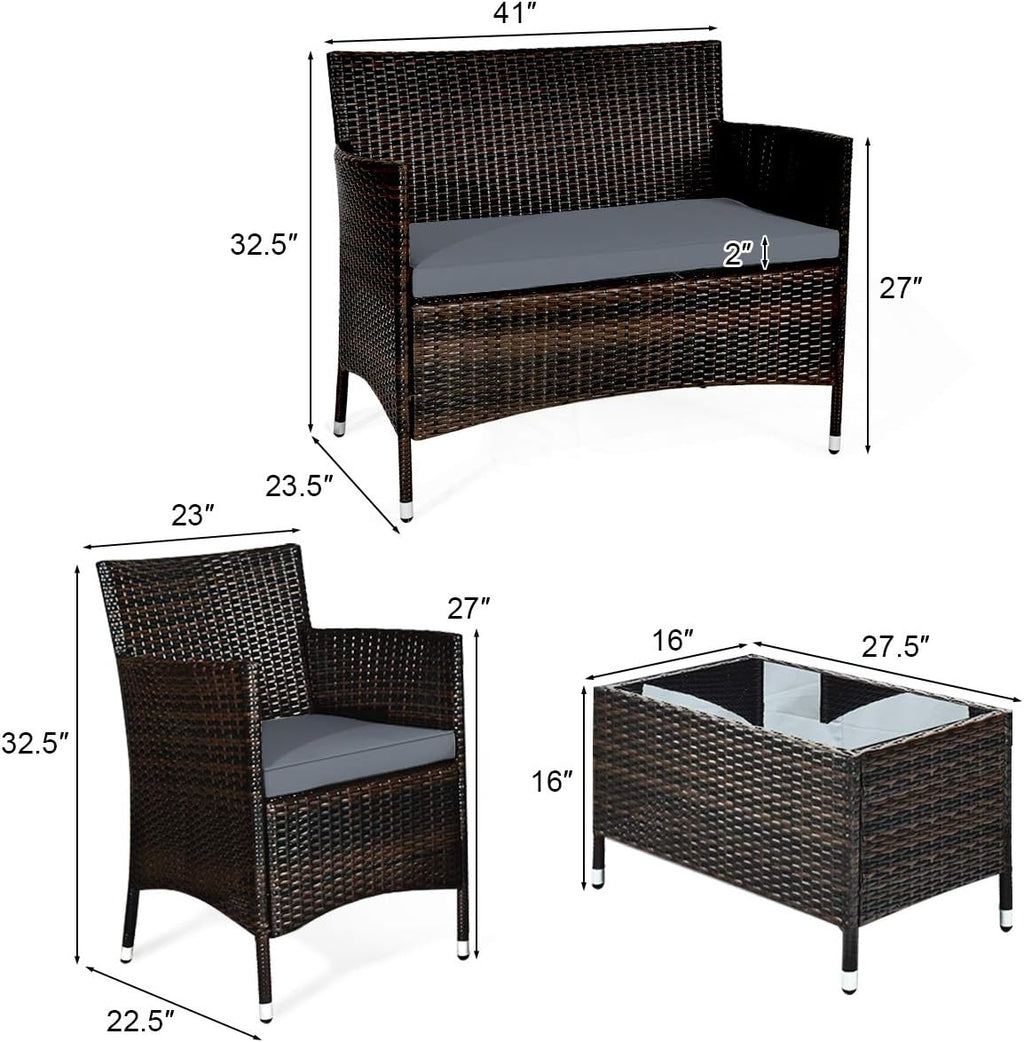 Goplus 4-Piece Rattan Patio Set, Outdoor/Indoor Wicker Conversation Set for Pool, Backyard, Lawn, Wicker Chairs and Sofa with Soft Cushion, Rattan Furniture with Tempered Glass Coffee Table
