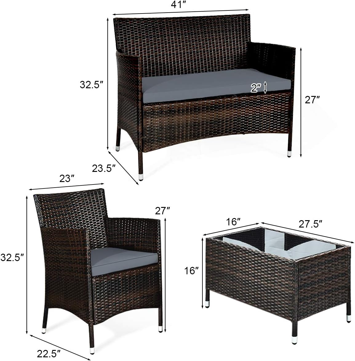 Goplus 4-Piece Rattan Patio Set, Outdoor/Indoor Wicker Conversation Set for Pool, Backyard, Lawn, Wicker Chairs and Sofa with Soft Cushion, Rattan Furniture with Tempered Glass Coffee Table