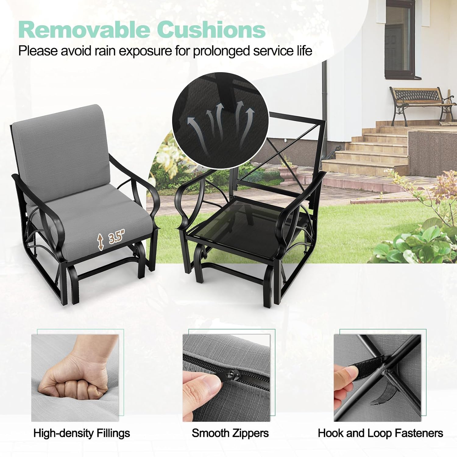 Tangkula Outdoor Patio Glider, Metal Framed Gliding Chair with Cushion, Ergonomic Single-Person Outdoor Patio Chair with Curved Armrest, Smooth Rocking Arms for Porch, Patio (1)