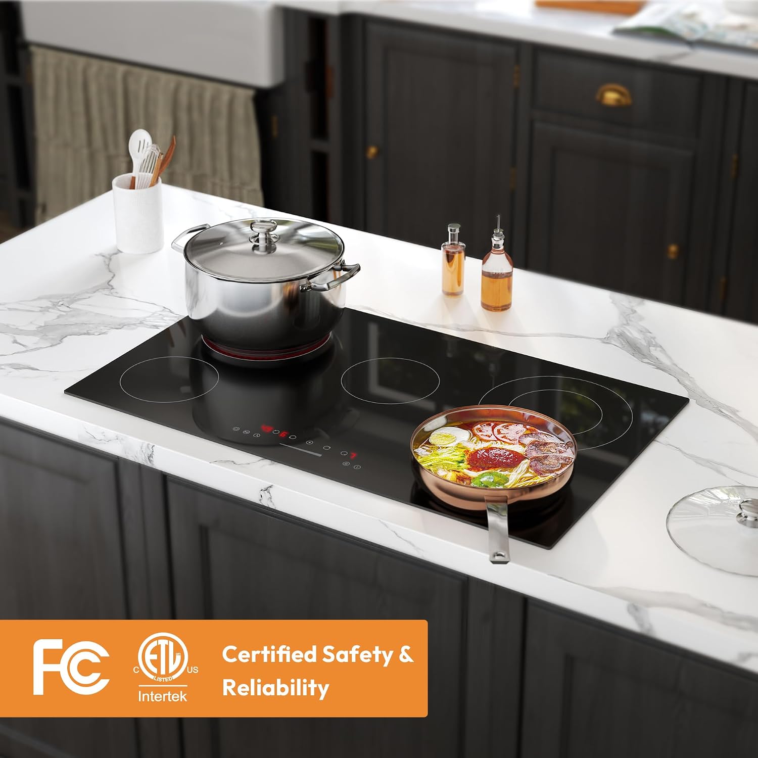 Empava 36 Inch Electric Ceramic Cooktop Built-in, 5 Radiant Burners with Dual Ring Rear Elements & 100W Insulation Zone, Touch Slider Control, Stop & Go, Child Lock, ETL Certified