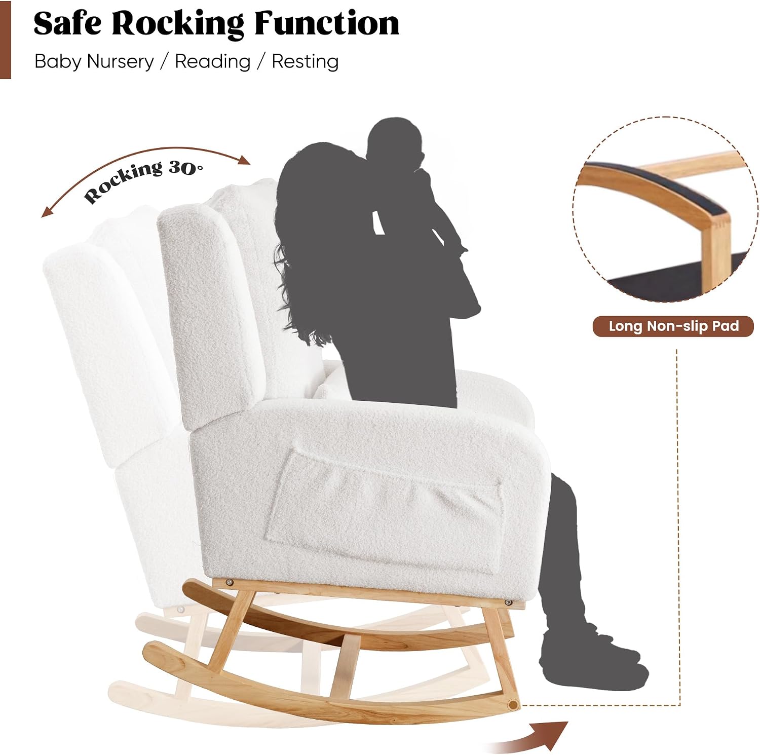 HCHAIRH Rocking Chair Nursery, Sherpa Nursing Rocking Chairs, Upholstered Nursery Glider Rocker Wingback Morden Rocking Chair with Lumbar Pillow for Mom Nursery, Living Room, Bedroom, Teddy White