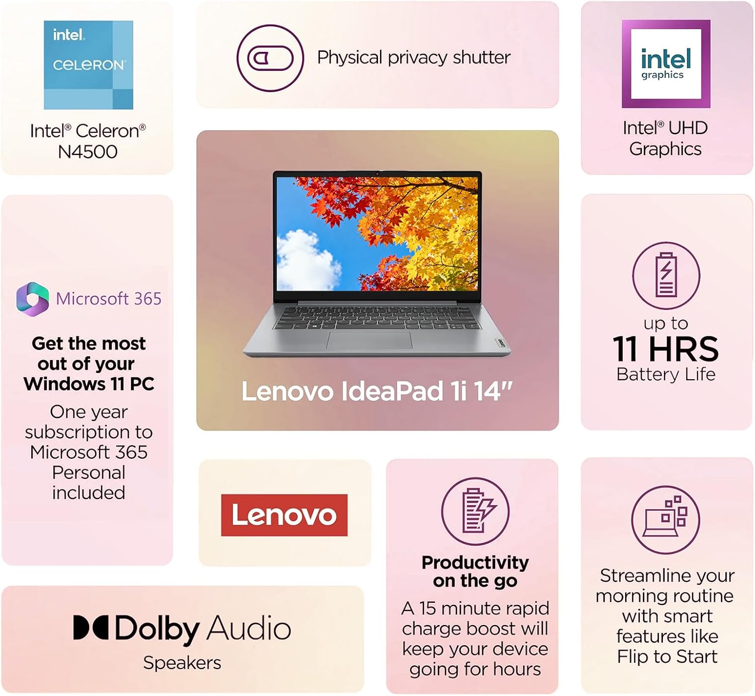 Lenovo IdeaPad 1 1i 14 inch Student Laptop with 1-Year Microsoft 365, Intel Dual Core Processor, 8GB RAM, 512GB SSD + 128GB eMMC, SD Card Reader, Privacy Camera, Long Battery Life, Windows 11 Home