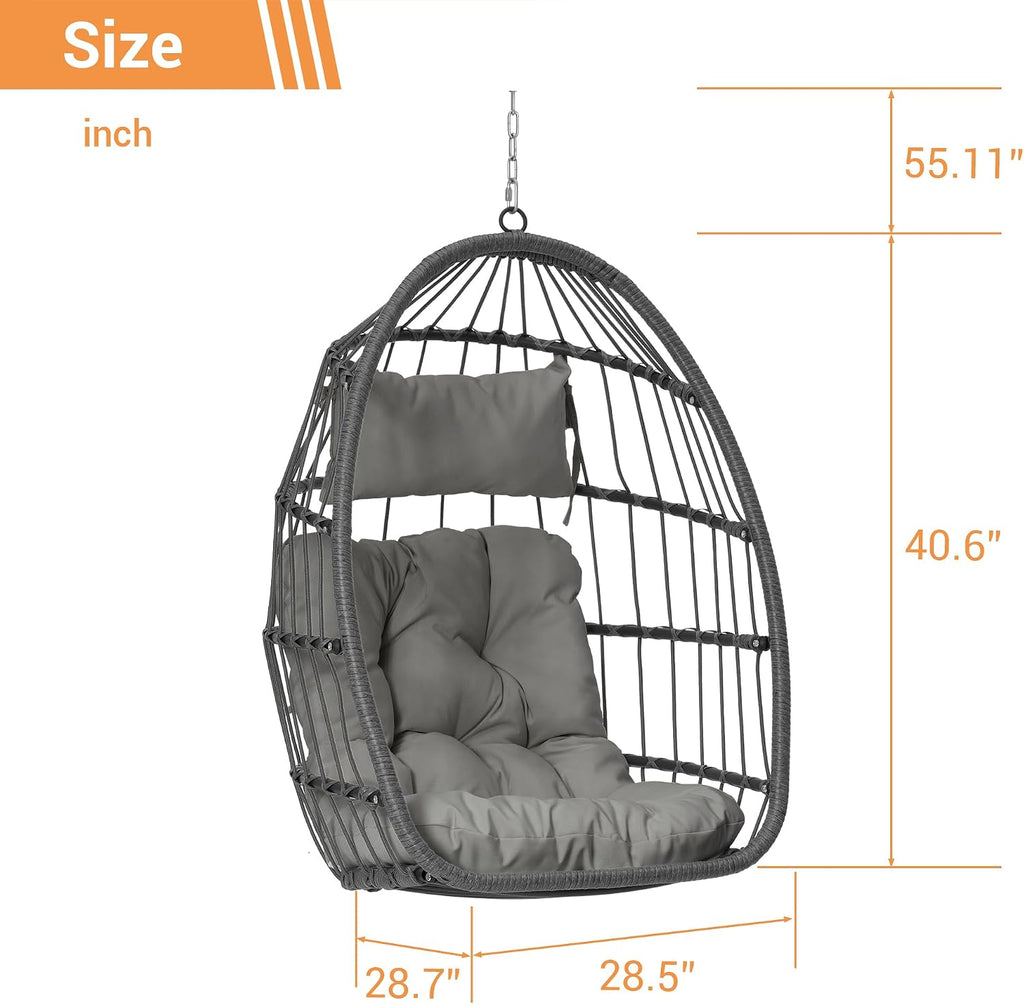KEIKI Hanging Egg Chair, Outdoor Patio Swing Basket Egg Chair with Cushion, 360LBS Load Rattan Wicker Hammock Chair for Balcony, Garden, Living Room, Dark Grey