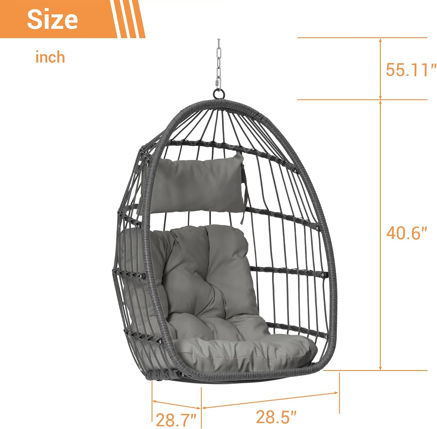 KEIKI Hanging Egg Chair, Outdoor Patio Swing Basket Egg Chair with Cushion, 360LBS Load Rattan Wicker Hammock Chair for Balcony, Garden, Living Room, Dark Grey