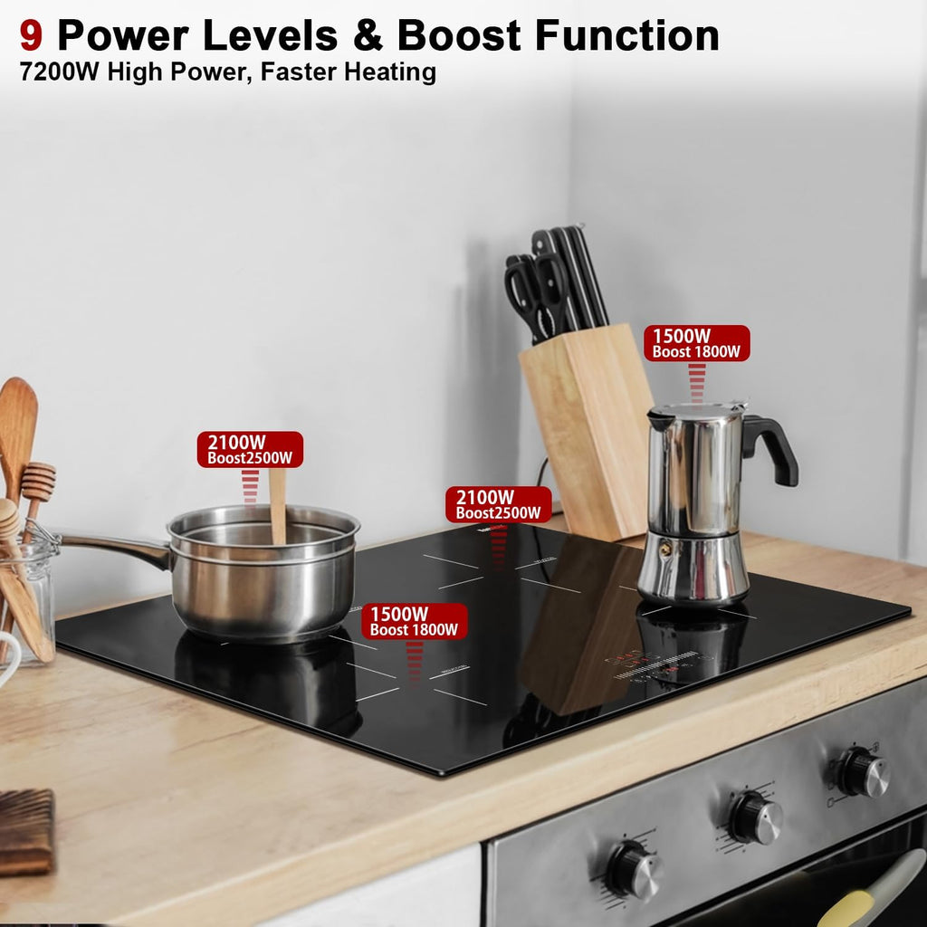 Karinear 30 Inch Induction Cooktop, 4 Burners Electric Cooktop With Touch Control, 9 Power Level Drop-in Induction Stove top, Child Safety Lock & Timer, 7200w,220V, No Plug(come with a pot)