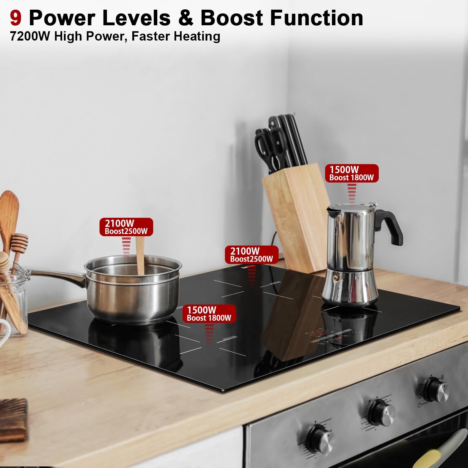 Karinear 30 Inch Induction Cooktop, 4 Burners Electric Cooktop With Touch Control, 9 Power Level Drop-in Induction Stove top, Child Safety Lock & Timer, 7200w,220V, No Plug(come with a pot)