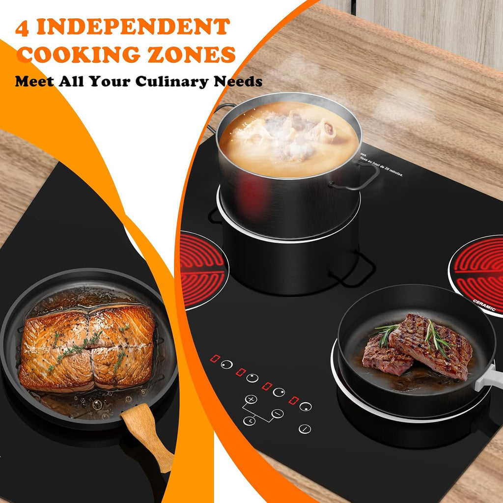 4 Burner Electric Cooktop, TOPWISH 24 Inch, Built-in Electric Stove Top, 220-240v Radiant Cooktop with Child Lock, Touch Control, Residual Heat Indicator, Overheat Protection, Hard Wire (No Plug)