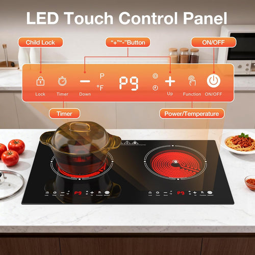 2 Burner Electric Cooktop 110V, 4000W Electric Ceramic Glass Stove Infrared Hot Plate for Cooking, 24 inch Portable Countertop & Built-in Burner, Child Lock, Timer, Touch Control, for Home Dorm Office
