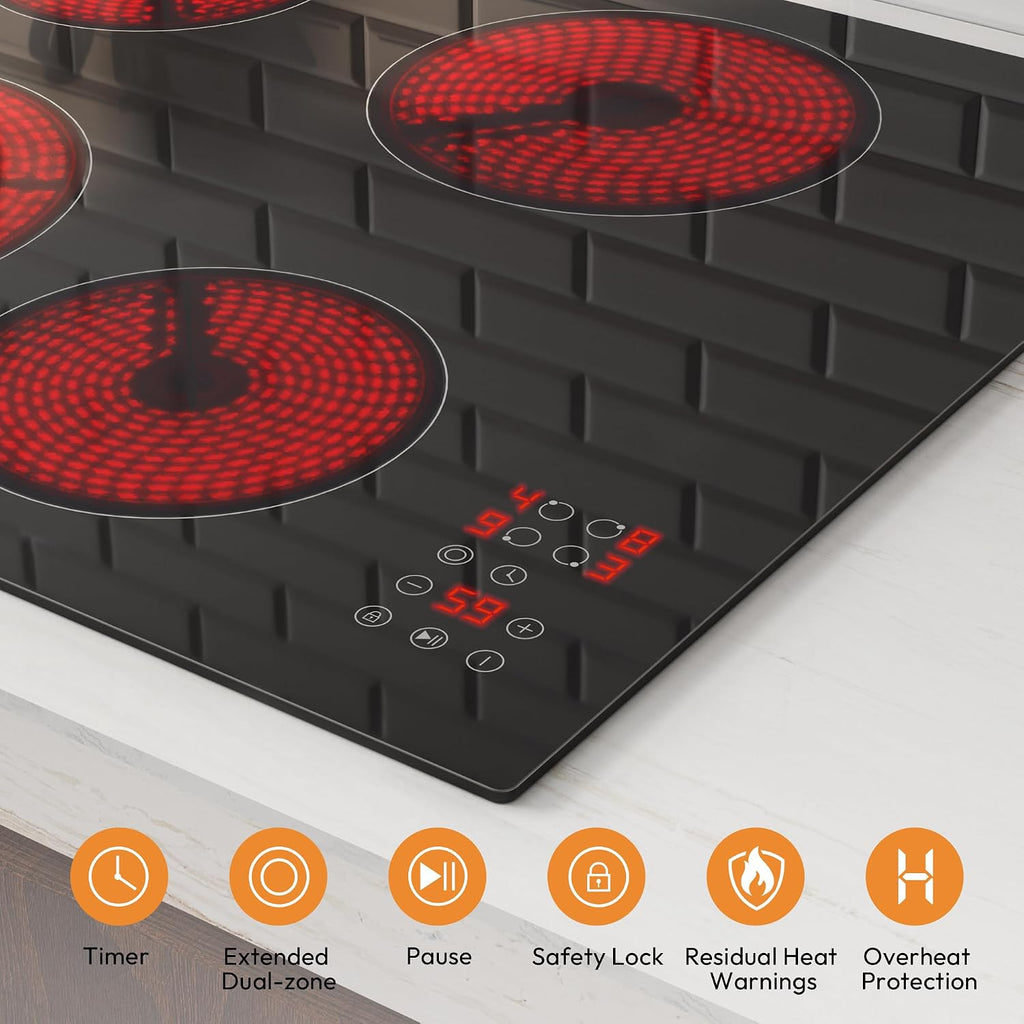 Empava 24 Inch Electric Cooktop, 4 Burners with Dual-Ring Zone, Timer, Child Lock, Stop & Go, Built-in Ceramic Glass, 208~240V Hardwired
