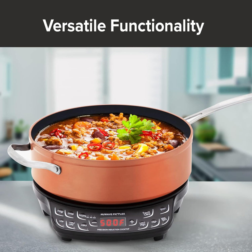 Nuwave Flex Precision Induction Cooktop, 10.25' Shatter-Proof Ceramic Glass, 6.5' Heating Coil, 45 Temps 100°F to 500°F, 4Qt Induction-Ready Healthy Ceramic Non-Stick Everyday Pan with Lid Included