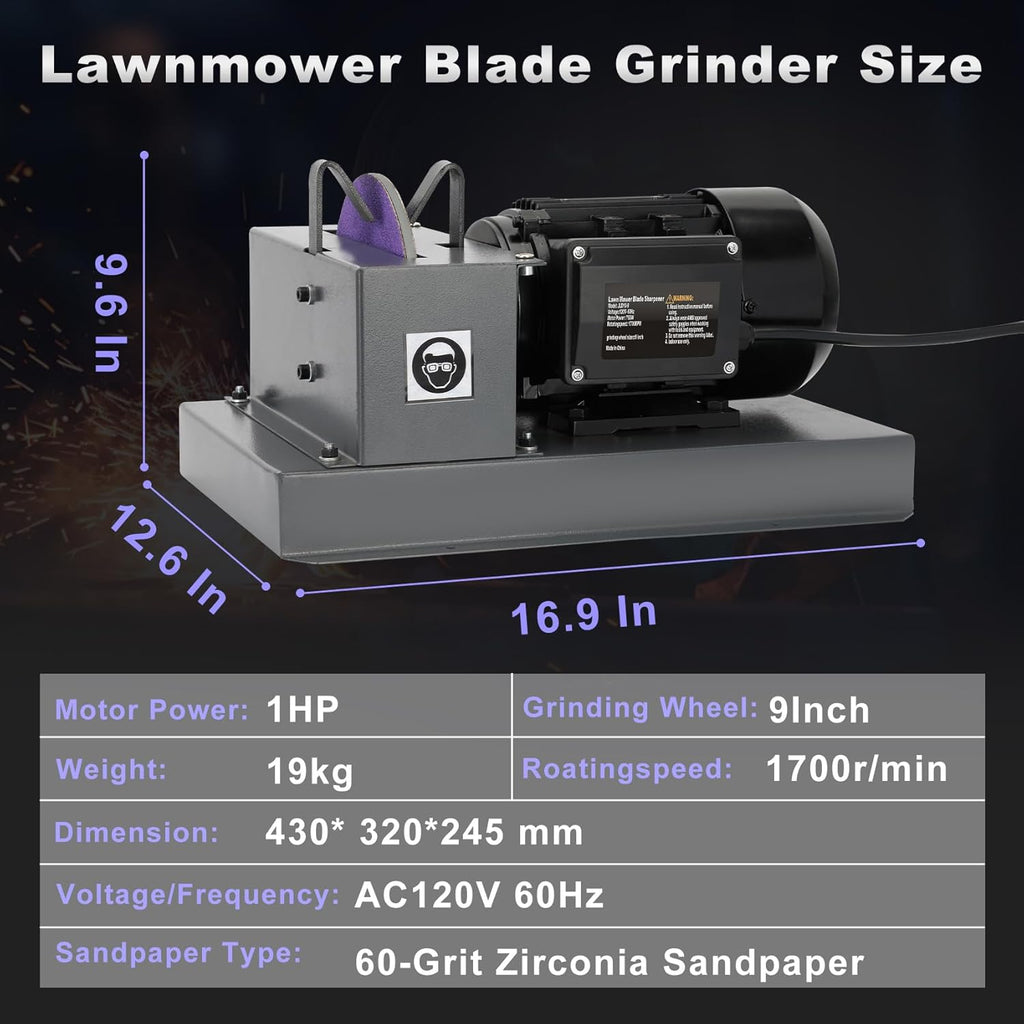 2026 Upgrade Lawn Mower Blade Sharpener, 1HP 750W Mower Grinder with 9-inch Ceramic Grinding Disc, 2 Pack-9'' Sanding Paper and 40° Bracket for High/Low Lift, Gator & Flat Blades Sharpen
