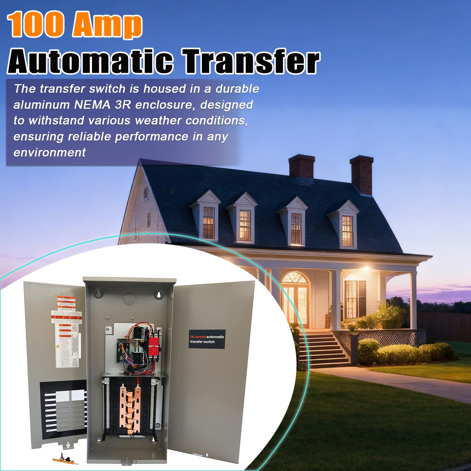100 Amp Automatic Transfer Switch Replacement for Generac RXG16EZA3 for Indoor and Outdoor Use, 16-Circuit, NEMA 3R Aluminum Enclosure