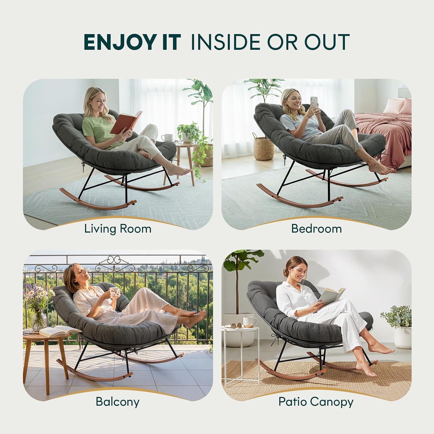 Bme Patio Rocking Chair Outdoor & Indoor, Metal Patio Lounge Rocking Chair with Thick Cushion, Comfy Modern Rocker Chair for Living Room, Porch, Backyard, Grey Cushion - Wood Texture Rocker