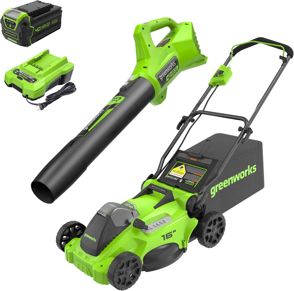 Greenworks 40V 16' Brushless Cordless (Push) Lawn Mower + Blower (350 CFM), 4.0Ah Battery and Charger Included (75+ Compatible Tools)