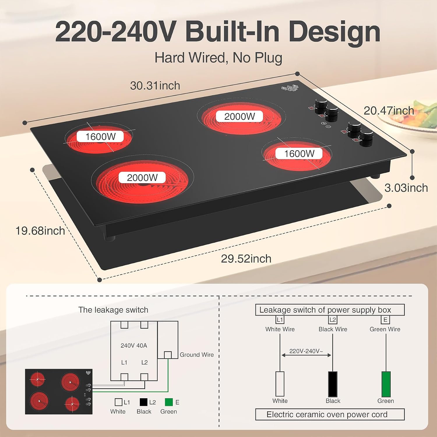 GIHETKUT 4 Burner Electric Cooktop,7200W Built-in & Countertop 4 Burner Electric Stove Top with 9 Power Levels, Child Safety Lock & 99mins Timer, 30 inch Electric Cooktop 220-240V (No Plug)