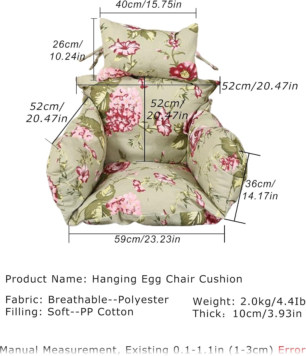 Egg Chair Cushion Replacement Thicken Hanging Egg Swing Chair Cushion Indoor Outdoor Wicker Rattan Hammock Basket Cushion for Outdoor Garden(Light Pink)