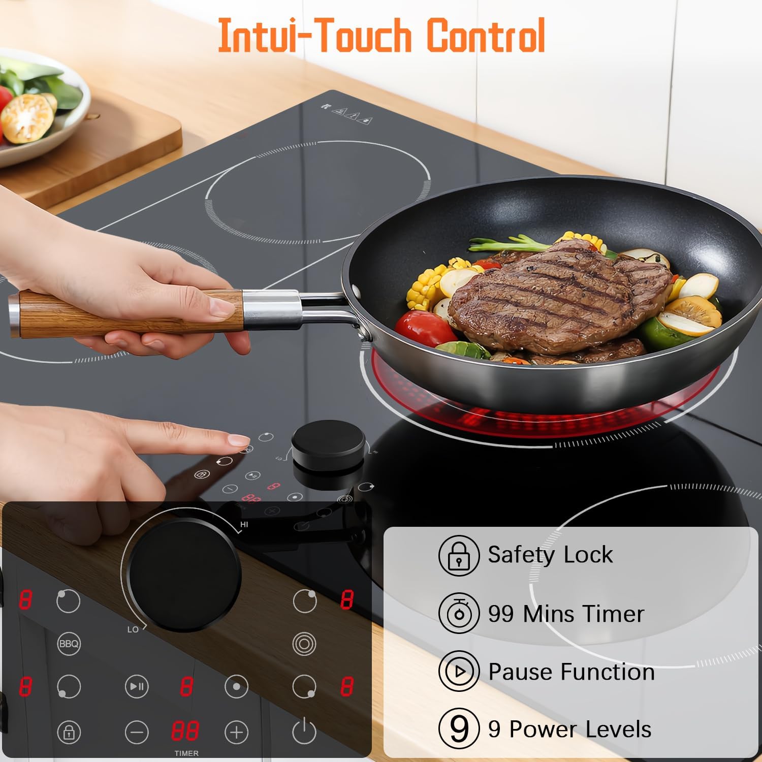 36 Inch Electric Cooktop, 5 Burner Stove Top 9600W, Built in Electric Cooktop 36', Magnetic Knob, Three-ring Burner & BBQ, Timer, Safety Lock, Pause, 220V-240V Hard Wire (No Plug)