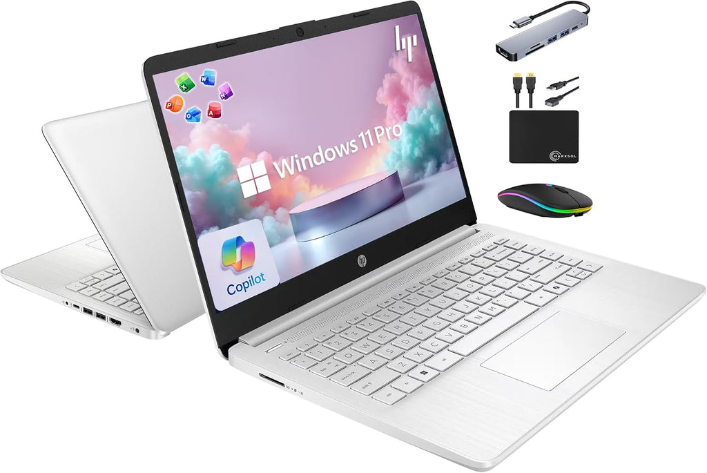 HP 14' Laptop 2025 Business Student Slim Computer, Lifetime MS Office, Copilot AI, Quad-Core Intel CPU, 16GB RAM, 628GB Storage (128GB UFS+500GB Ext), MarxsolAccessory, Wi-Fi 6, Win 11 Pro, Silver