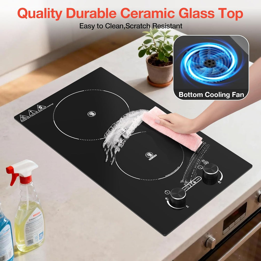 2 Burner Electric Cooktop, 12 Inch Built-in Ceramic Cooktop, 2100W Plug in Electric Stove Top with Knob Control, Keep Warm, 9 Heating Levels, Timer & Child Safety Lock, Over-Temperature Protection