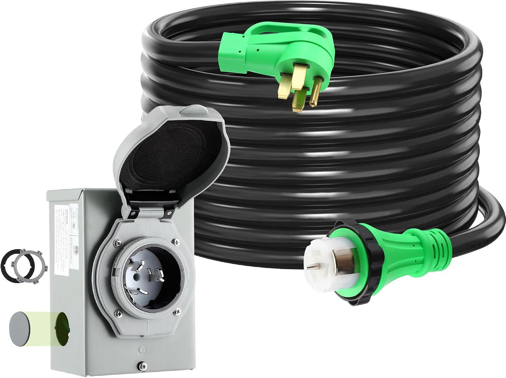 Gisafai 50 Amp 25FT Generator Cord and Pre Drilled Power Inlet Box Compatible with NEMA 14-50P to SS2-50R 125/250V Locking Connector with SS2-50P Generator Inlet Box to House, ETL Listed