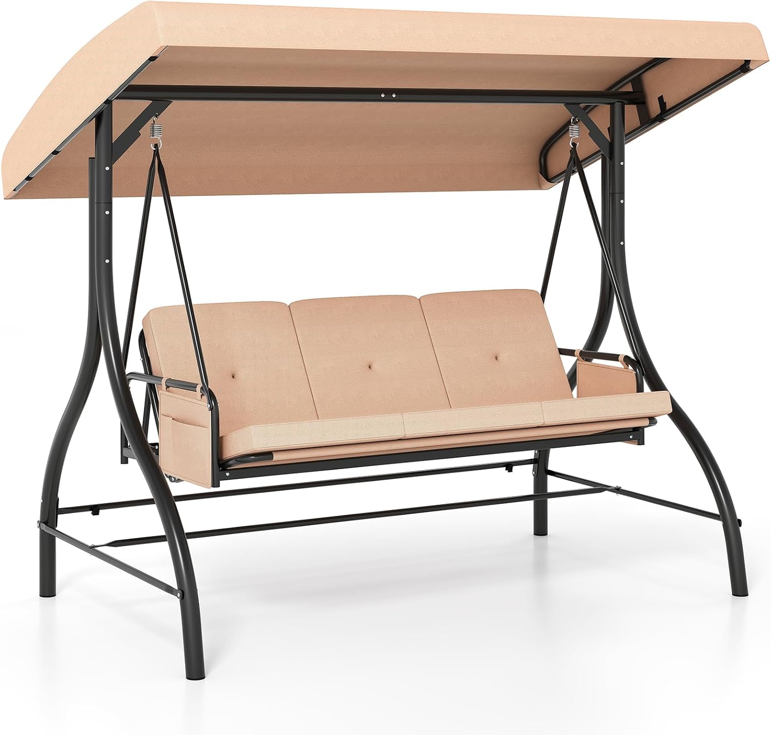 Tangkula 3 Person Porch Swing, 2-in-1 Convertible Outdoor Swing with Adjustable Canopy, Removable Cushions, Metal Frame, Side Pockets for Backyard, Garden, Porch (Beige)