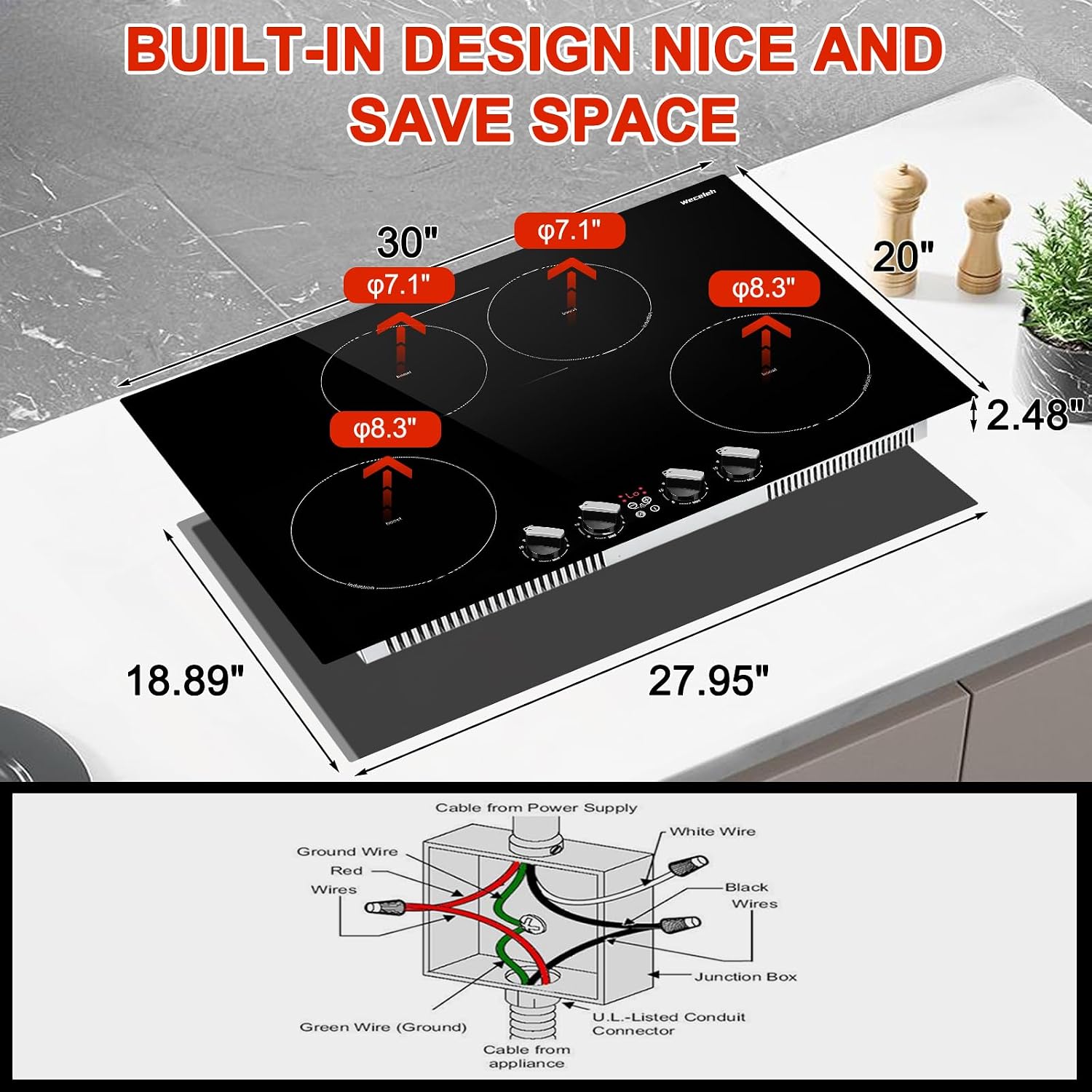 30 Inch Induction Cooktop 7800W, Weceleh 10 Levels Electric Cooktop with 4 BOOST Burners, Bulid-in Induction Stove Top, Bridge-Sync, Safety Lock, Timer, Knob Control, No Plug, 220-240V