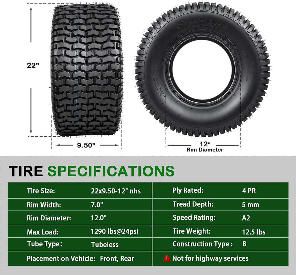 TRIPOWER 22x9.50-12 Lawn Mower Tires - 22x9.5x12 Turf Tire for Riding Mower and Lawn Garden Tractor, Durable, 4PR Tubeless, 1290 lbs Capacity, Set of 2