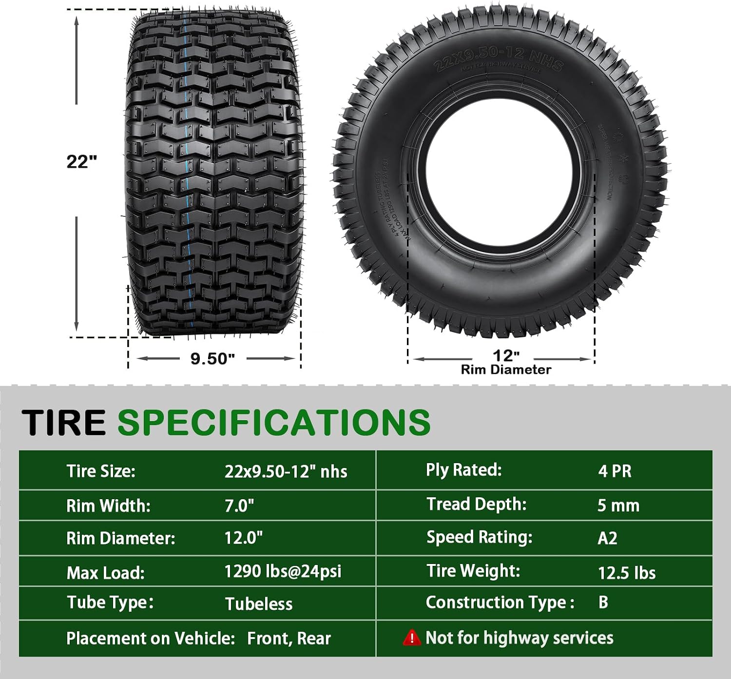 TRIPOWER 22x9.50-12 Lawn Mower Tires - 22x9.5x12 Turf Tire for Riding Mower and Lawn Garden Tractor, Durable, 4PR Tubeless, 1290 lbs Capacity, Set of 2