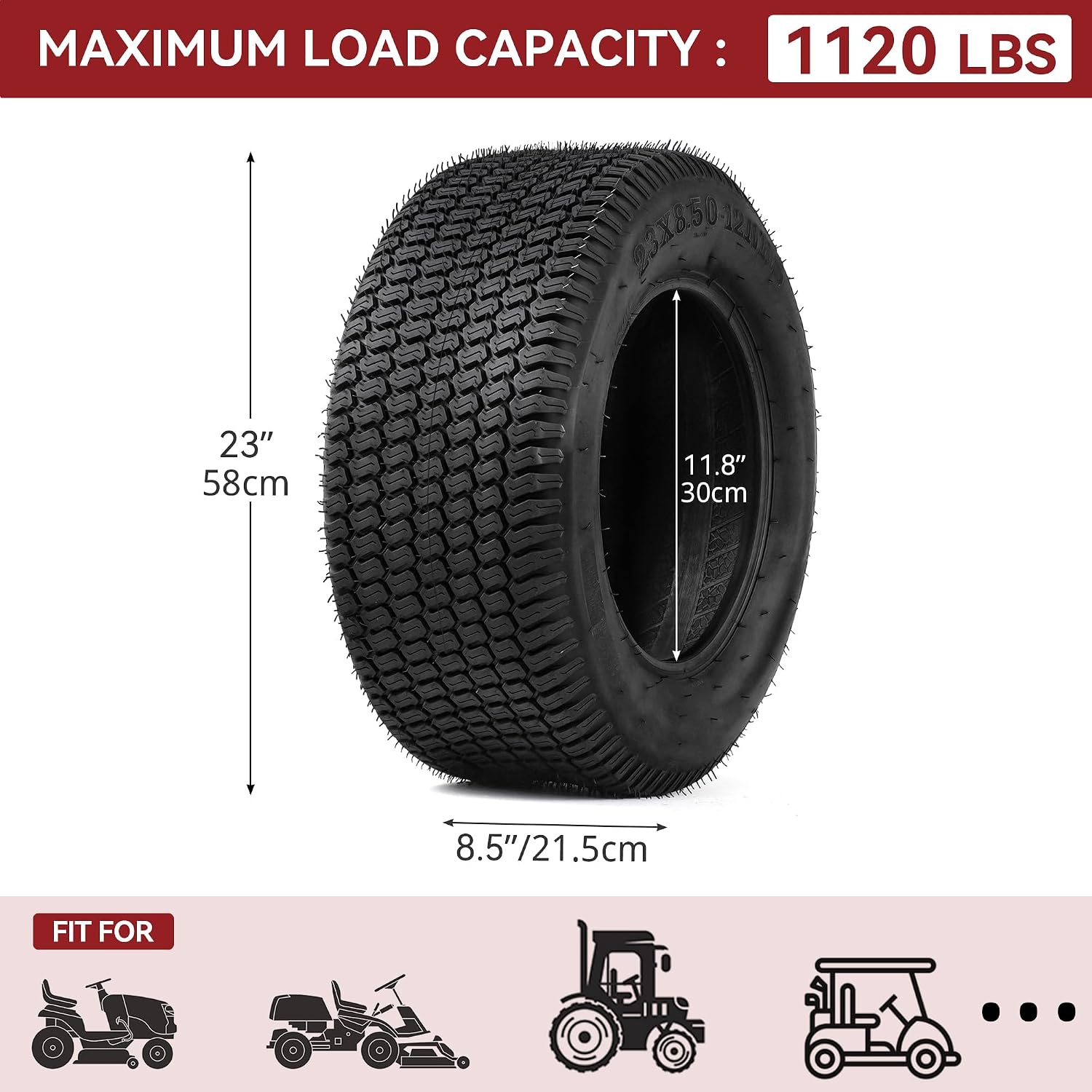 YITAMOTOR 23x8.50-12 Lawn Mower Tires (Set of 2), 4 Ply Tubeless Tractor Turf Tire, 23x8.50x12 Lawnmower Tires Fits Most Lawn & Garden Vehicle, 1190LBS Capacity