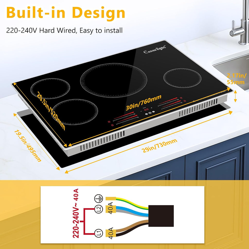 30 Inch Induction Cooktop, 4 Burner Built-In Electric Stove Top, Fast Heating with Power Boost, Touch Control, 9 Power Levels, Child Lock & Timer, Modern Kitchen Upgrade