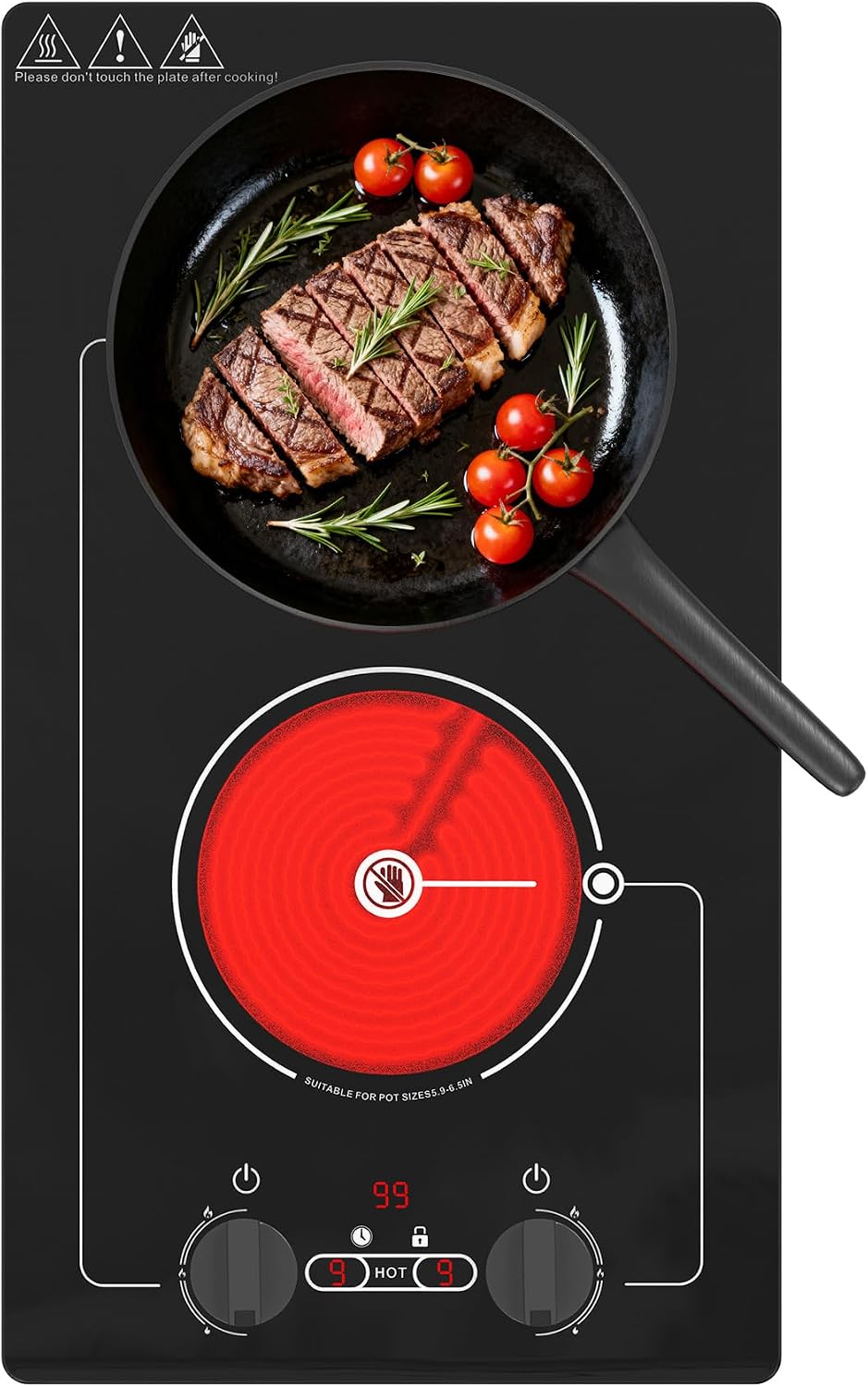 VBGK electric hob,Built-in Design and Countertop Stove Top with Knob Control&Touch Control,9 Power Level, Timer & Kid Safety Lock,220V 2100W 2 burner electric hob