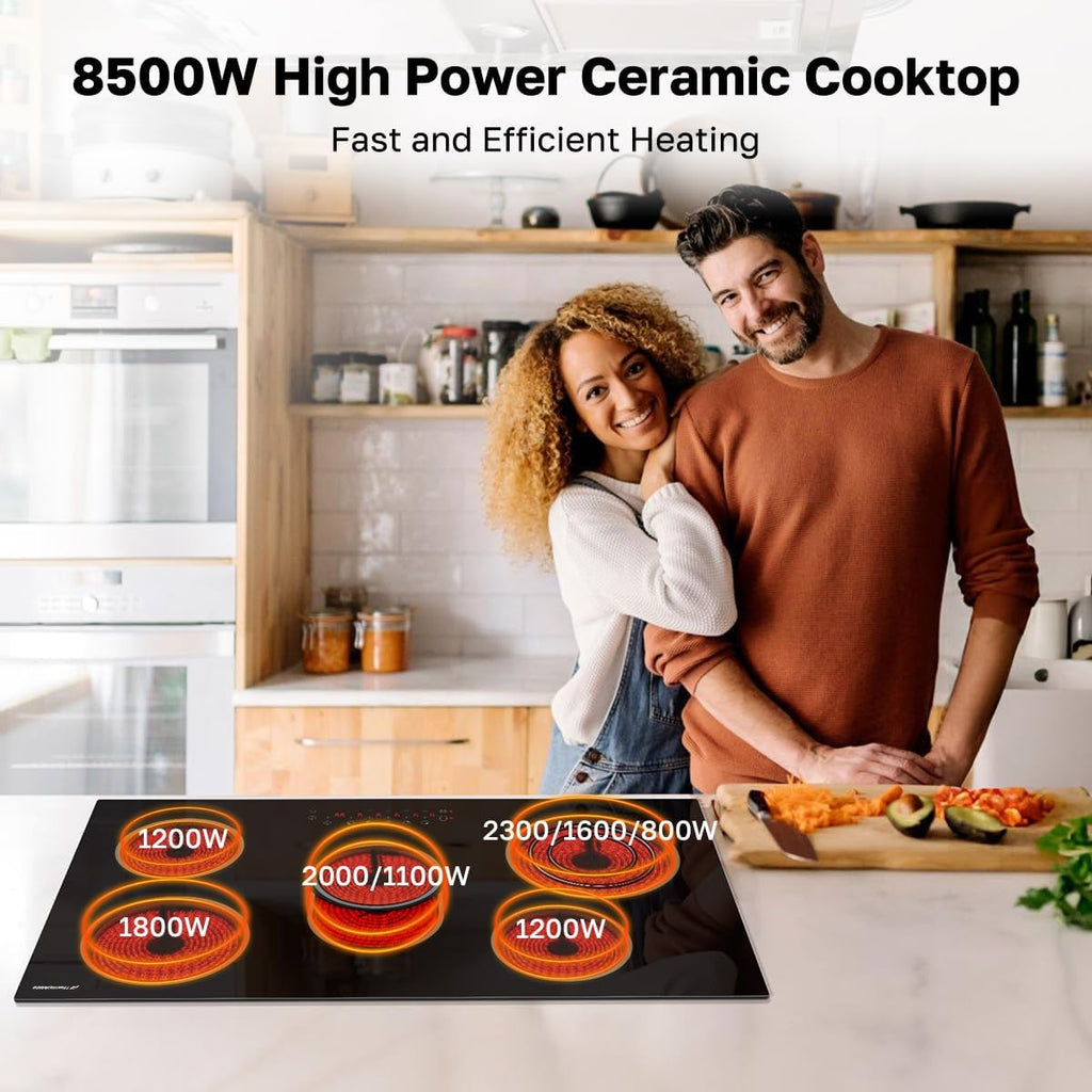 ThermoMate 36 Inch Electric Cooktop 5 Burners, 36' Built in Radiant Electric Stove Top, 8500W Ceramic Cooktop with Touch Control, 9 Heating Level, Chlid Lock & Timer, 220-240V Hard Wire ETL Listed