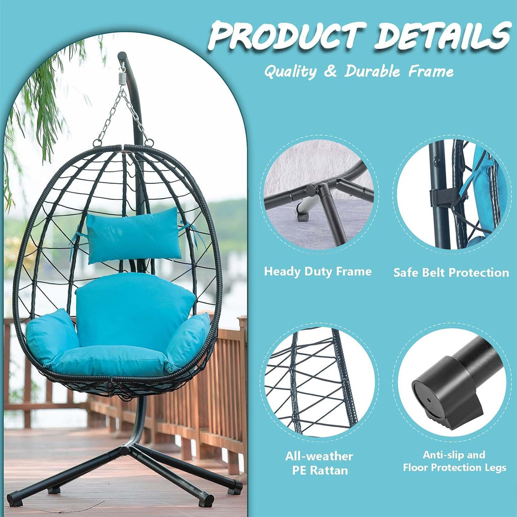 Hanging Egg Chair with Stand, Black Wicker Rattan Swing Egg Chair, Indoor Outdoor Swing Chair for Patio Balcony Porch Bedroom, 350 LBS Capacity (Light Blue)