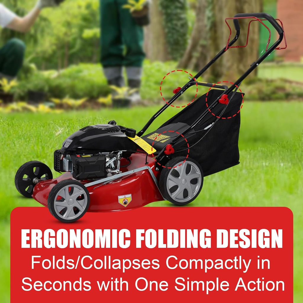 Self Propelled Gas Lawn Mower, 141cc Gas Engine Walk-BehindLawn Mower Cordless Walk-Behind Lawns Mowers with 20 Inches Blade 50L Grass Tank Big Wheels Red