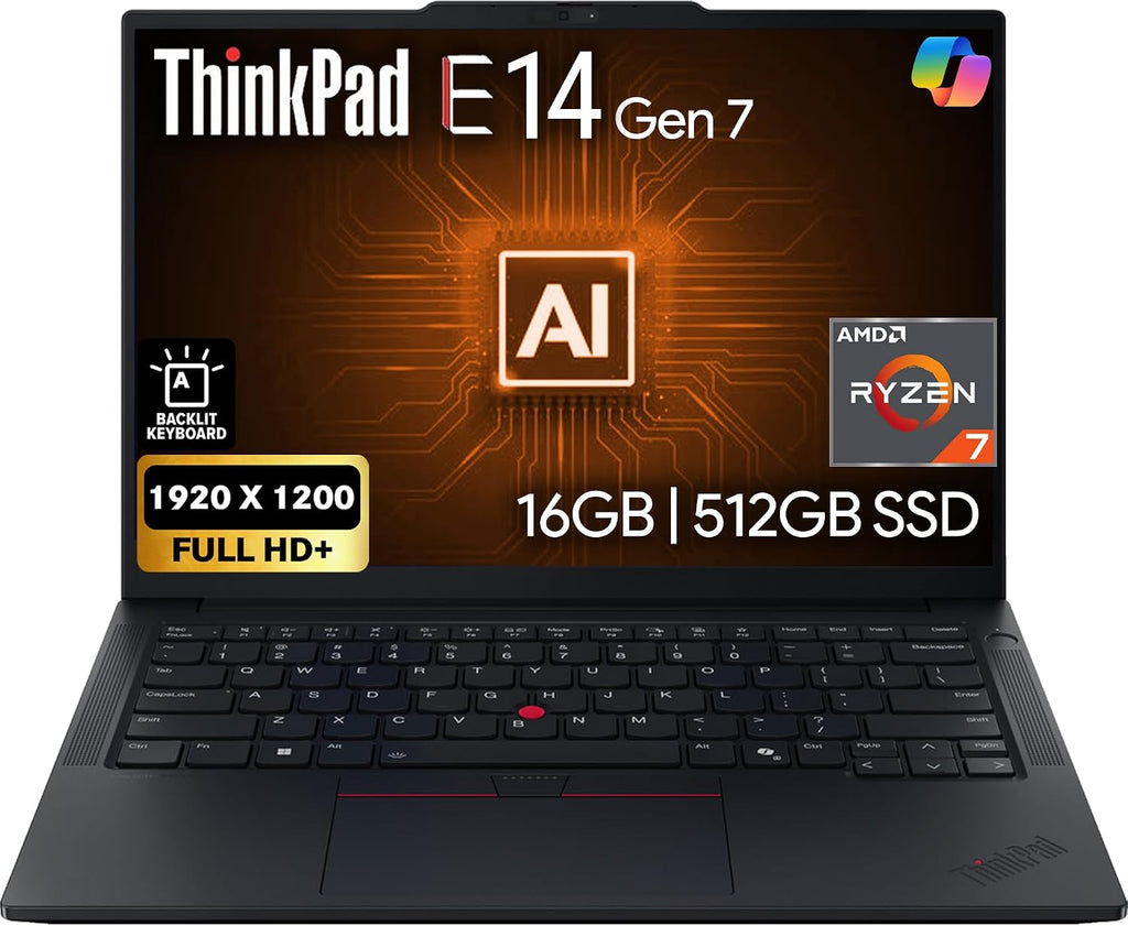Lenovo ThinkPad E14 Gen 7 14' FHD+ Display, AMD Ryzen 7 250 (Beats Core 7 240H), 16GB DDR5 RAM, 512GB SSD PCIe, Backlit KB, WiFi 6E + BT, RJ-45, FHD Webcam, Windows 11 Pro, AI Business Laptop - Black