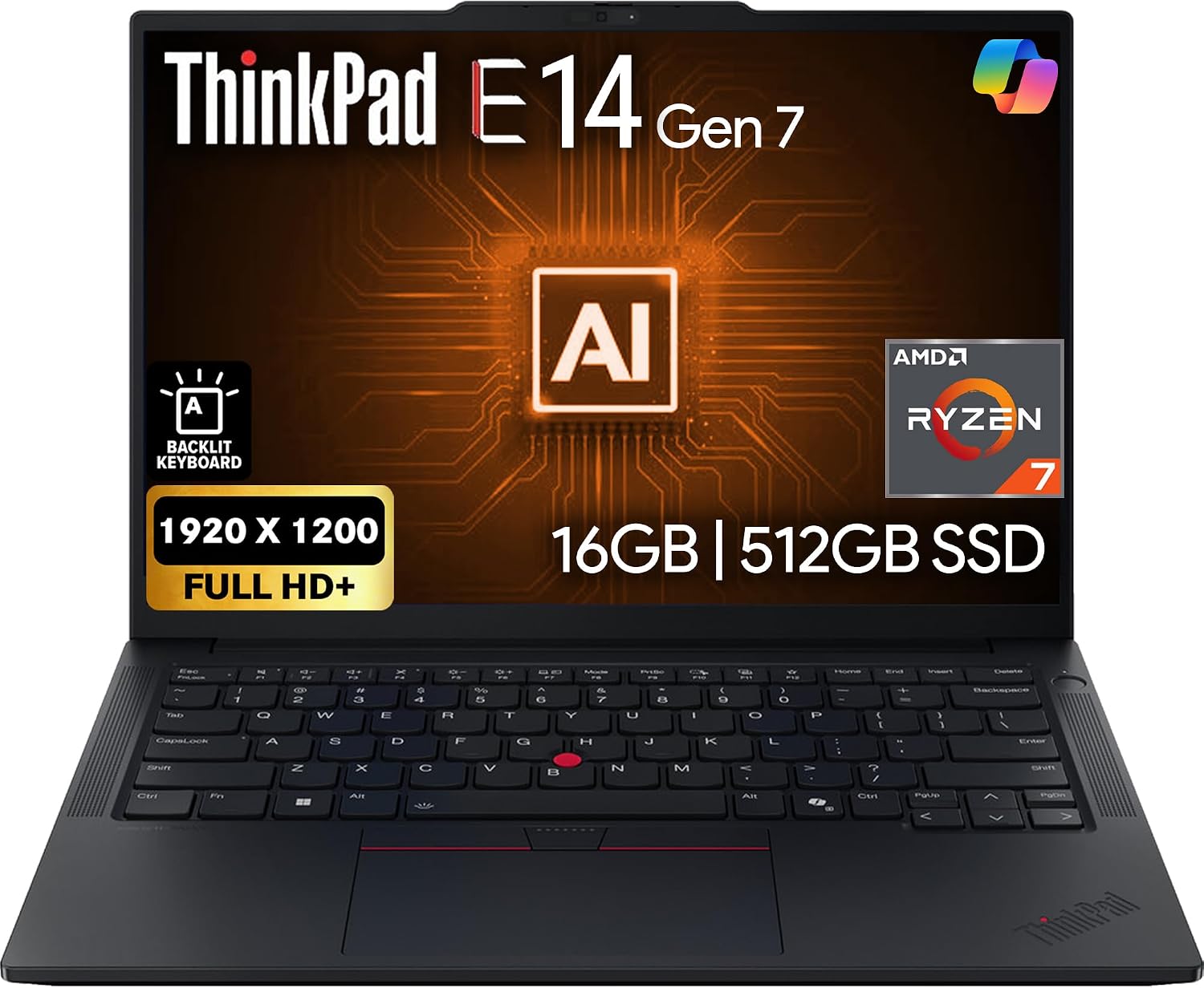 Lenovo ThinkPad E14 Gen 7 14' FHD+ Display, AMD Ryzen 7 250 (Beats Core 7 240H), 16GB DDR5 RAM, 512GB SSD PCIe, Backlit KB, WiFi 6E + BT, RJ-45, FHD Webcam, Windows 11 Pro, AI Business Laptop - Black