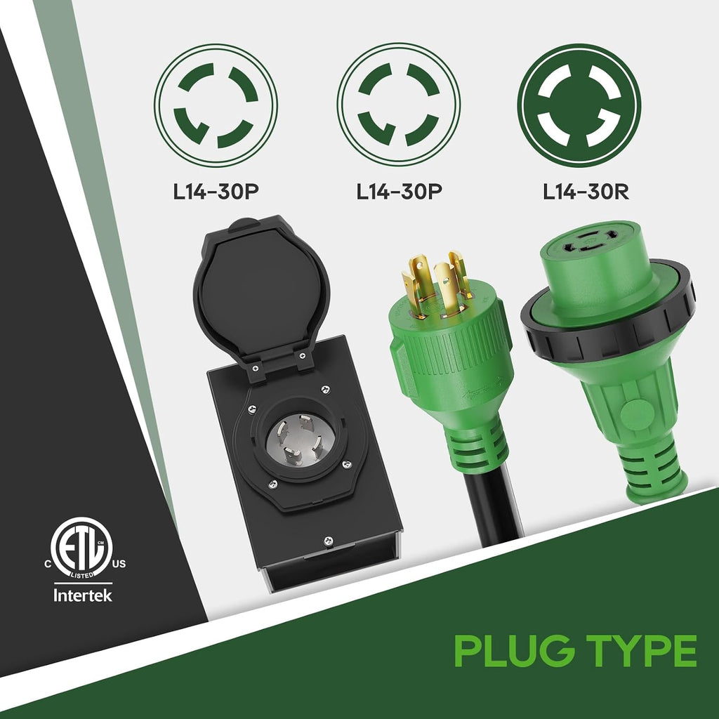 RVGUARD Emergency Power Combo Kit, 100 Foot 30 Amp Generator Cord and Power Inlet Box, NEMA L14-30P to L14-30R Generator Cord with NEMA L14-30P Pre-Drilled Generator Inlet Box, ETL Listed
