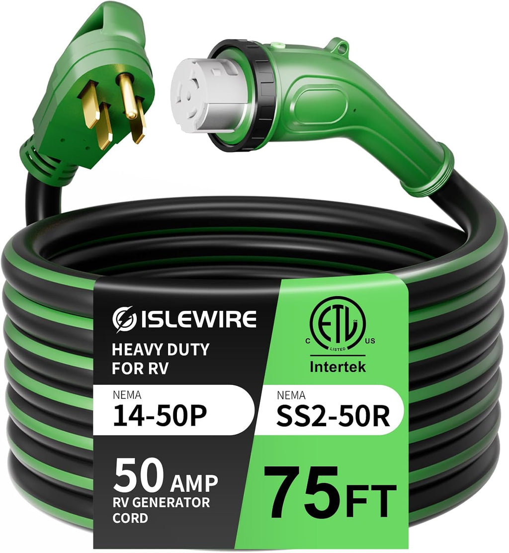 50 Amp 75 Feet RV Power Cord, Heavy Duty 6/3 + 8/1 Gauge STW 50A Generator Cord, NEMA 14-50P to SS2-50R LED Power Indicator Twist Lock for RV Trailer Camper and Generator to House, ETL Listed