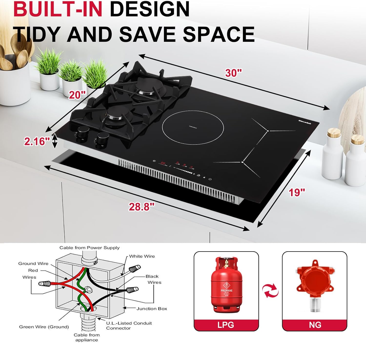 30 Inch Hybrid Gas and Induction Combo Cooktop, Built-in 5 Burners (2 Gas+3 Induction), 12000 BTU Boost, Safety Lock & Grill Bridge Mode, Drop-in Cooktop for Kitchen, 6700W