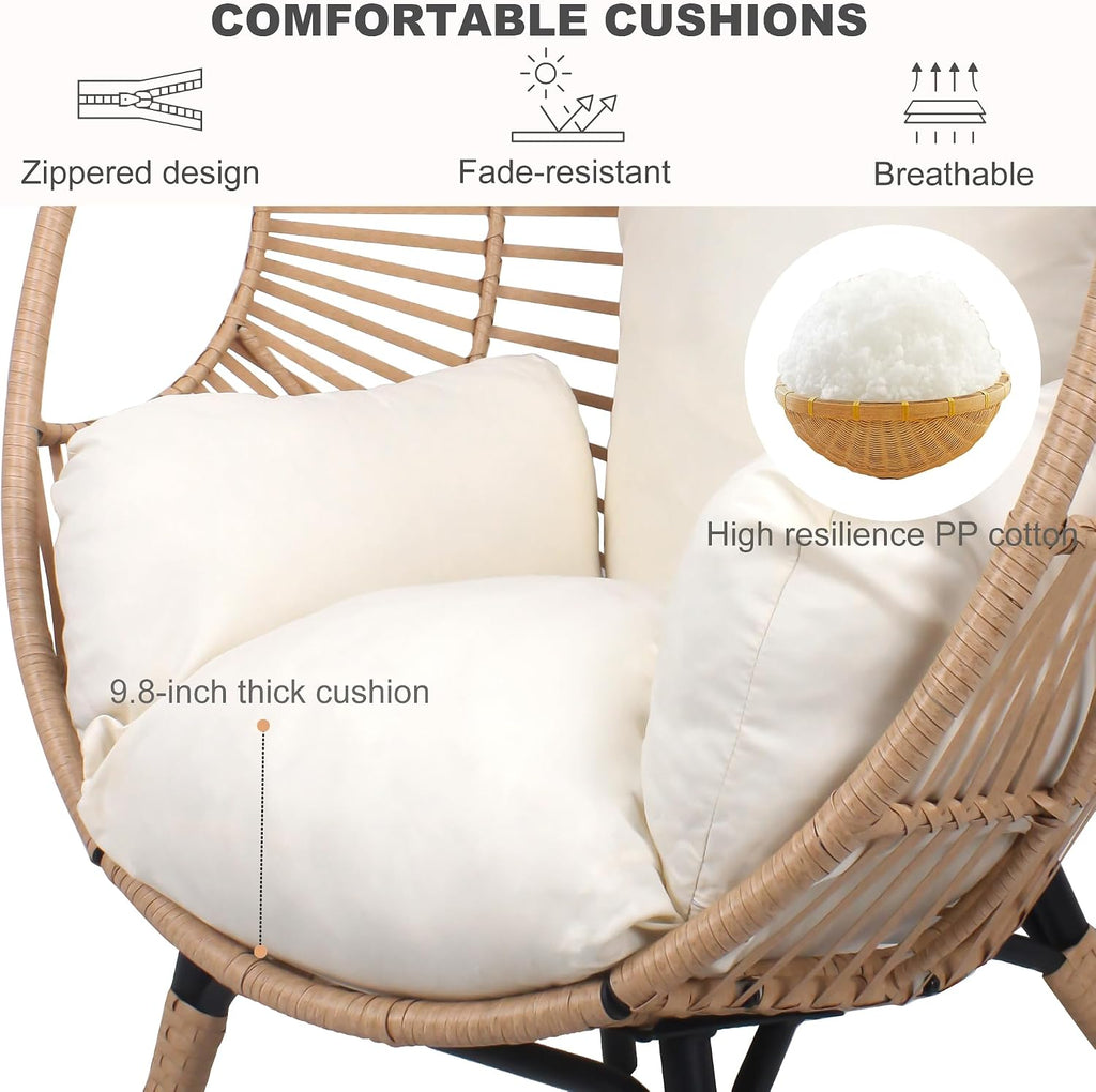 Oversized Wicker Egg-Chair Outdoor Indoor Rattan Patio Egg Lounge Chairs with Cushion 500lbs Capacity for Living Room, Balcony, Backyard(Beige)